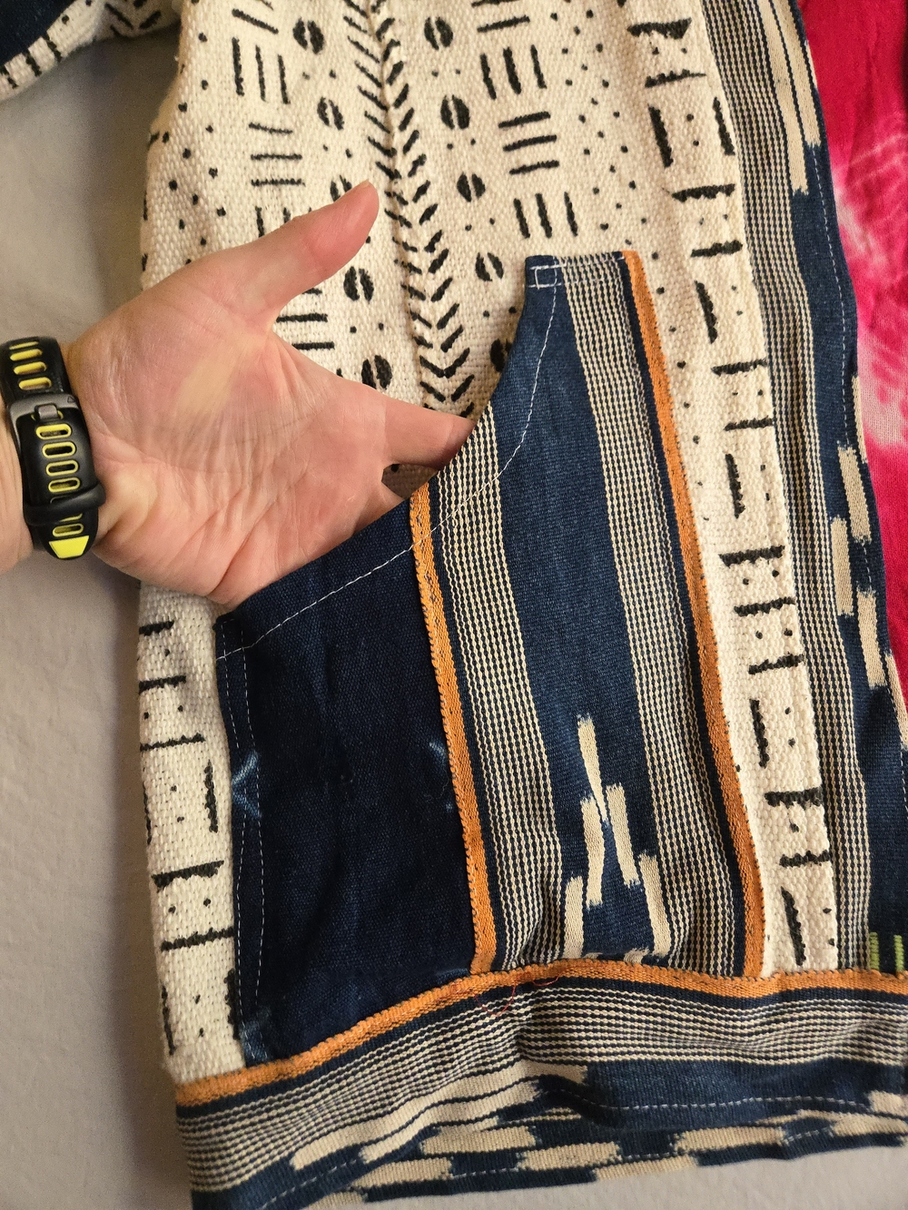 Open-Front Mudcloth Indigo Jacket in Navy & Cream Festival Bohemian HAL3 - Picture 7 of 11